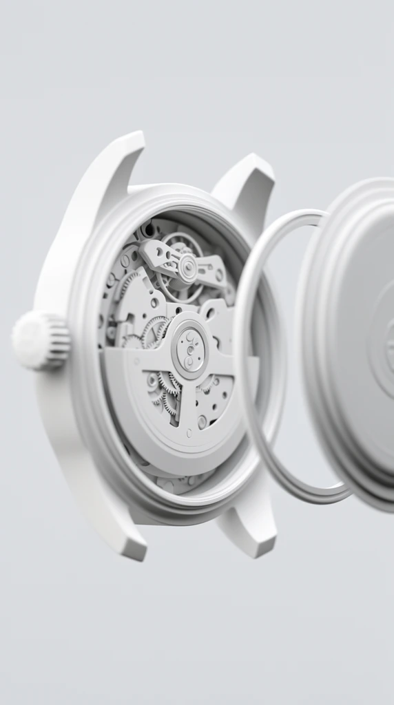 An entirely matte white exploded view of a mechanical watch suspended against a pale grey background. The intricate internal movement, featuring interlocking gears and a semicircular rotor, is exposed inside a thick case with a fluted crown. A spacer ring and case back float outward to the right in precise alignment. Rendered as a monochrome 3D clay model, soft lighting and a shallow depth of field highlight the sharp central machinery while blurring the foreground and background components.