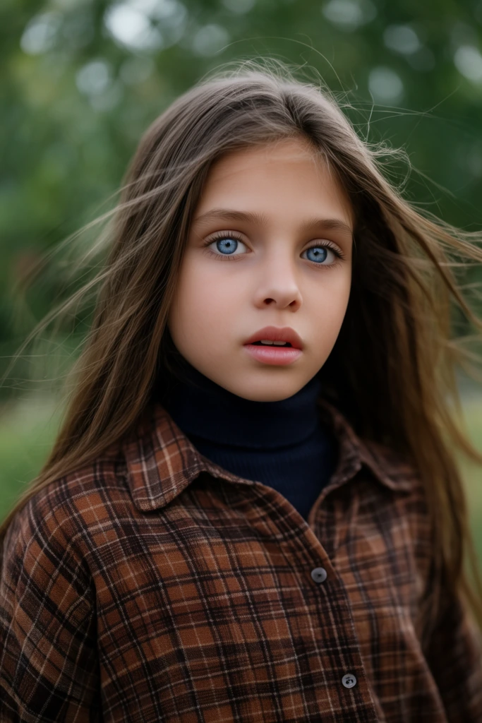 Close-up portrait of a young girl with striking blue eyes and long brown hair blowing sideways. She wears a brown plaid shirt over a dark turtleneck. Soft natural light highlights her slightly parted lips against a heavily blurred green background of outdoor foliage and soft bokeh.