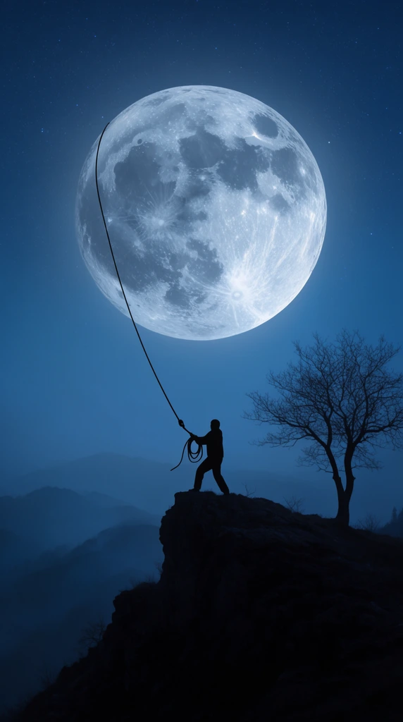 A surreal nocturnal silhouette featuring a figure on a craggy peak pulling an enormous, highly detailed full moon with a thick rope. The massive moon dominates the deep blue starry sky. To the right stands the dark outline of a barren tree on a hilltop. Faint misty mountain ridges fade into the background haze. The composition features a monochromatic cool blue palette, dramatic backlighting, and dreamlike scale.