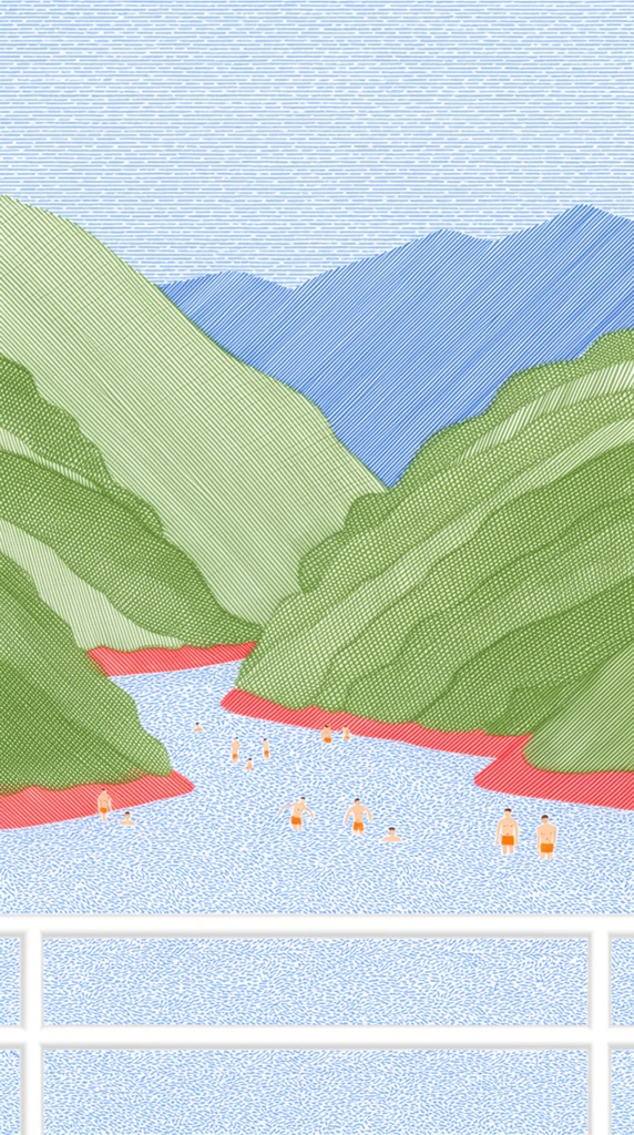 A stylized graphic illustration presents a vibrant landscape of green hills and a river dotted with tiny swimmers, viewed through a white railing. The foreground double-bar railing overlooks water textured with thousands of short, curved blue dashes. Miniature figures in orange swim trunks wade near bright red shorelines. The rolling hills are shaded with dense, intersecting green lines, rising against distant blue mountains formed by diagonal hatching. The composition utilizes a precise aesthetic relying on repetitive parallel lines, cross-hatching, and uniform stippling to build distinct color fields, topped with a pale sky constructed from continuous horizontal blue strokes.