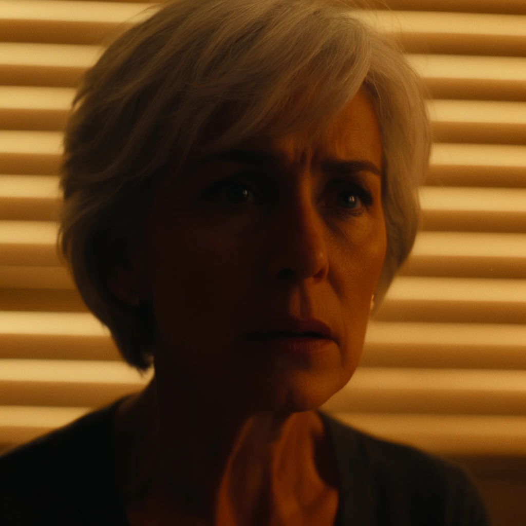 close-up of an older woman with short silver hair, intense concerned expression looking off-camera, heavy amber color grading, dramatic low-key lighting, deep shadows engulfing half her face, horizontal blinds background with alternating light bands, cinematic neo-noir photography, anamorphic framing, 35mm film grain