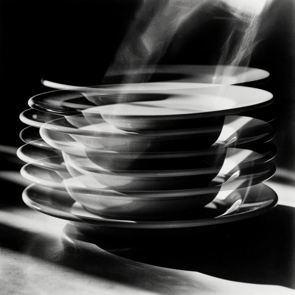 A stack of five plates resting on a flat surface, rendered in high-contrast black and white analog photography utilizing a surrealist multiple-exposure technique. Ghostly, translucent layers of the stacked plates overlap and intersect, creating complex spatial illusions where solid forms become ethereal and transparent. Deep, inky shadows envelop the surrounding environment, isolating the stack against a pitch-black background. Harsh, directional illumination strikes the curved rims and flat planes of the plates, generating brilliant white highlights that cut through the darkness. Heavy film grain, stark chiaroscuro, and hazy, smoke-like streaks of white light weave through the composition, blending sharply focused edges with soft, distorted optical artifacts characteristic of a darkroom montage.