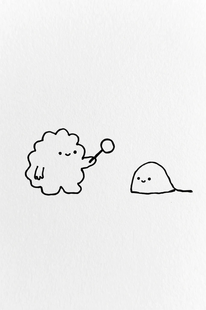A minimalist black ink doodle on textured white paper features two uncolored characters. A lumpy, cloud-shaped creature with dot eyes and a tiny smile holds a small round object by a straight handle. Nearby sits a dome-shaped creature with a flat base and long thin tail. The naive illustration relies on slightly uneven, thin hand-drawn lines against the faintly grainy background, creating a sparse composition.