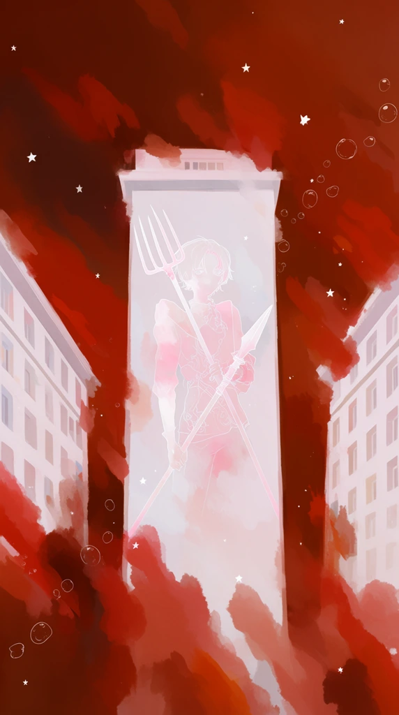 An ethereal digital painting of an overpass pillar mural depicting a character holding a pitchfork and a spear, flanked by towering buildings. The central pale, porcelain-white pillar prominently displays the character gripping the weapons, rendered with soft, diffused blending and intricate, delicate thin white linework defining their form. Tall buildings symmetrically frame the central pillar, their pale geometric facades contrasting sharply against the rich, enveloping environment. The entire scene is consumed by broad, sweeping, heavily textured brushstrokes of deep crimson, burnt sienna, and dark rust red, creating a moody, watercolor-like atmosphere. The pale architectural structures and the mural's character feature subtle, soft pink accents, their edges dissolving into the fluid red background through loose, unstructured, expressive painterly marks. Floating surreal motifs of tiny, crisp white stars and delicate, thin-lined transparent bubbles drift diagonally across the composition. The lighting remains soft and flat, emphasizing the striking, high-contrast palette and the bold, surreal aesthetic of the expressive digital medium.