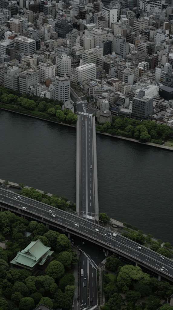 aerial view of a dense cityscape divided by a wide dark river, multi-lane bridge crossing the water vertically, elevated highway running parallel to the lower riverbank, scattered vehicles on asphalt, tightly packed gray and white buildings, lush green trees lining the shores, traditional structure with a curved green roof nestled in the lower left foliage, muted overcast lighting, high-angle architectural photography, strong geometric layout