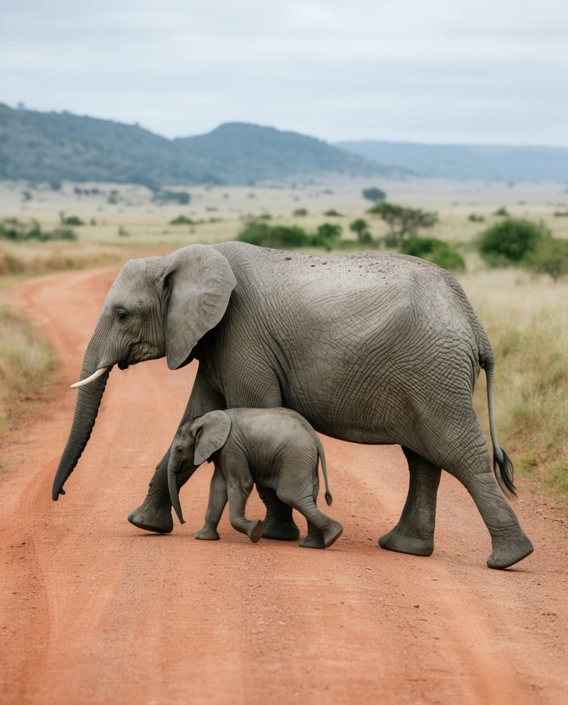 large adult elephant and small calf crossing a reddish dirt road, savanna landscape, gray wrinkled skin, sparse grass, distant hills, overcast daylight, wildlife photography