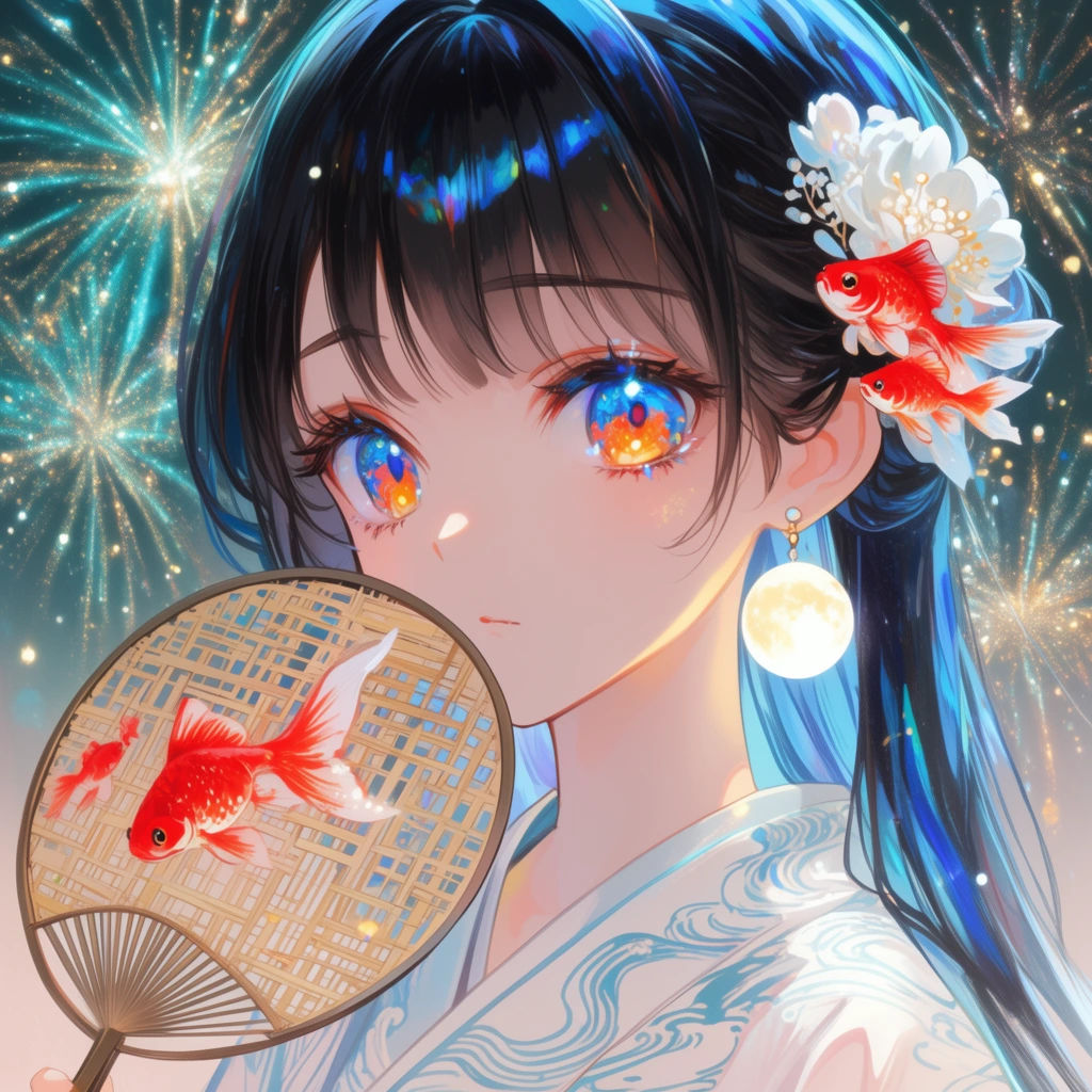 Anime-style portrait of a young woman holding a circular bamboo fan decorated with red goldfish. Her highly detailed eyes reflect vibrant orange and blue light. She has dark hair with luminous blue highlights, adorned with a white floral and red goldfish hairpiece. She wears a white garment patterned with light blue waves and a glowing full-moon earring. The background features sparkling teal and gold fireworks. The digital artwork uses ethereal lighting, intricate reflections, and soft pastel shading.