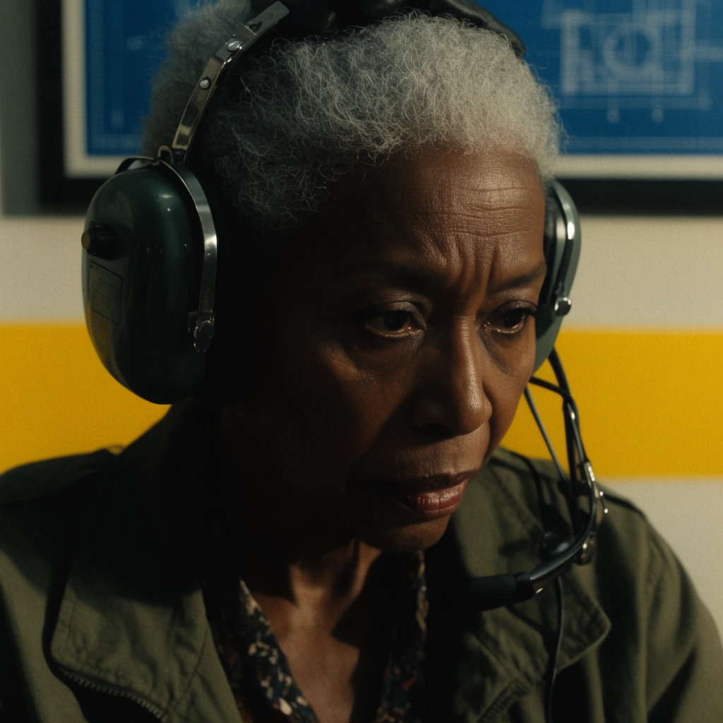 cinematic close-up of an elderly Black woman with silver hair, wearing an olive jacket and large aviator headset, intense downward gaze, dramatic chiaroscuro side lighting, deep facial shadows, blurred background with a bold horizontal yellow stripe and a framed blueprint, 35mm film grain, shallow depth of field, tense thriller aesthetic