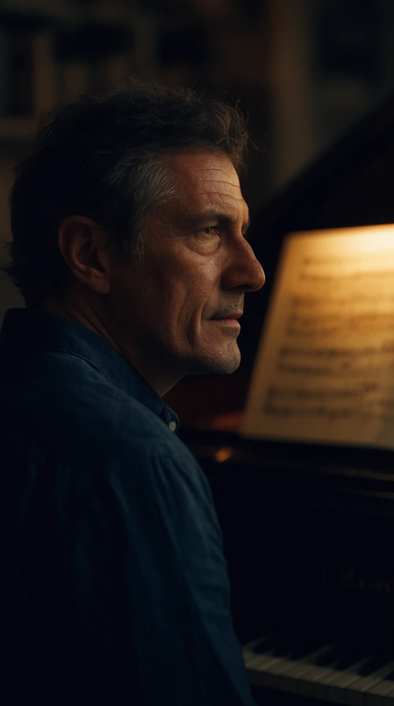 A middle-aged man in profile gazes toward a warmly illuminated music stand beside a shadowy piano. Moody, low-key cinematic lighting emphasizes his textured facial features and dark blue shirt against a heavily blurred, dim background.