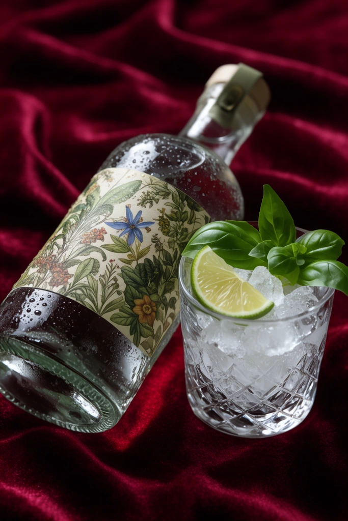 Clear glass bottle with intricate botanical label lying on deep crimson velvet, condensation, crystal tumbler with crushed ice, lime wedge, basil leaves, shallow depth of field, rich contrast, dramatic lighting