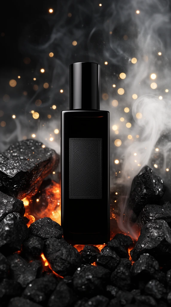 sleek black rectangular bottle with a textured label nestled among rough black coal, glowing orange embers, wispy white smoke, floating golden bokeh sparks, dramatic high-contrast product photography