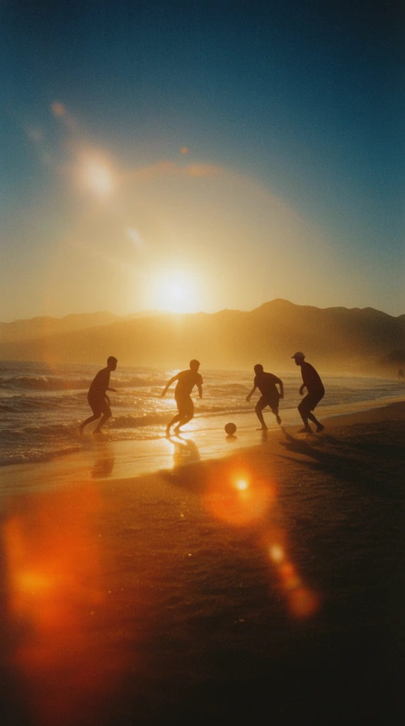 Silhouetted figures play soccer on a hazy beach at sunset. The low sun above distant mountains casts intense golden light, prominent lens flares, and orange light leaks across the wet sand. The players are captured mid-stride beside gentle ocean waves, a small ball near their feet. A vintage analog film aesthetic defines the scene, featuring heavy grain, soft focus, and a gradient sky transitioning from bright yellow to deep blue.