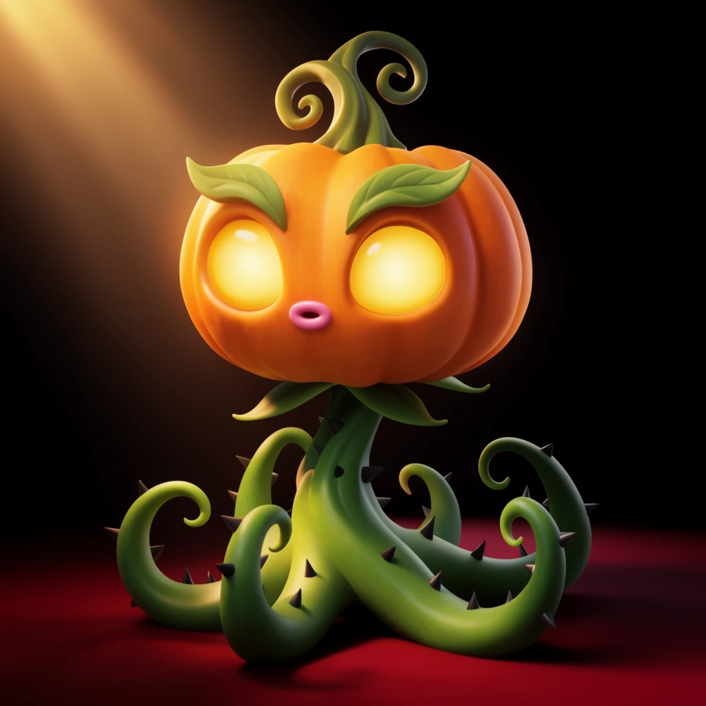 A stylized 3D render of a plant creature with a glowing orange pumpkin head and a thorny green vine body. The pumpkin features large luminous yellow eyes, arched leaf eyebrows, a tiny pink mouth, and curled top stems. Its body consists of smooth green limbs with curled points and sharp black thorns. A dramatic warm spotlight from the upper left illuminates the head against a pitch-black background, reflecting softly on a dark red floor.