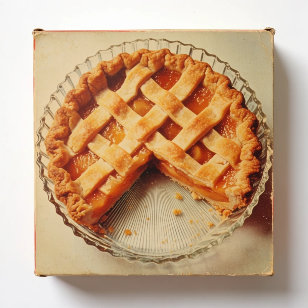 A slightly worn, square vintage cardboard box rests on a plain white surface, featuring a top-down photograph of a golden-brown fruit pie. The baked pie has a thick lattice crust and glossy amber-orange filling, resting inside a transparent, fluted glass dish. A triangular slice is missing from the bottom center, revealing the finely ridged texture of the clear glass plate beneath and a few scattered crumbs. The printed image utilizes a warm, retro color palette with soft studio lighting. The minimalist composition perfectly centers the pie within the square frame, highlighting the contrast between the rustic crust and the geometric glass fluting.