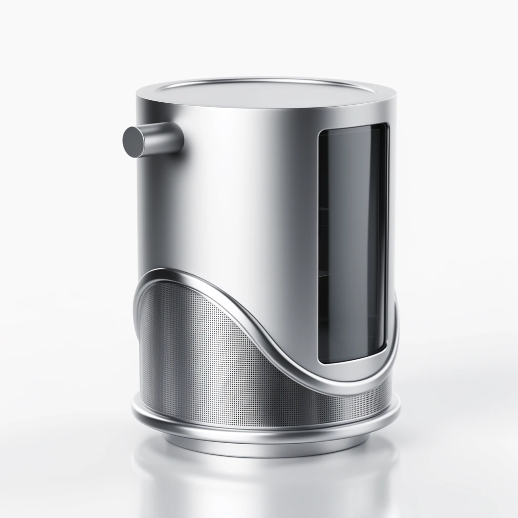 A sleek matte silver cylindrical appliance stands isolated on a seamless glossy white floor. The minimalist industrial design features a small cylindrical peg protruding from the left side and a dark, smooth rectangular glass panel integrated into the right face. A semi-circular metallic band with a finely perforated mesh grille wraps around the lower section. High-key studio lighting creates soft metallic gradients, crisp highlights, and a clean cast shadow, emphasizing a pristine 3D rendered aesthetic.