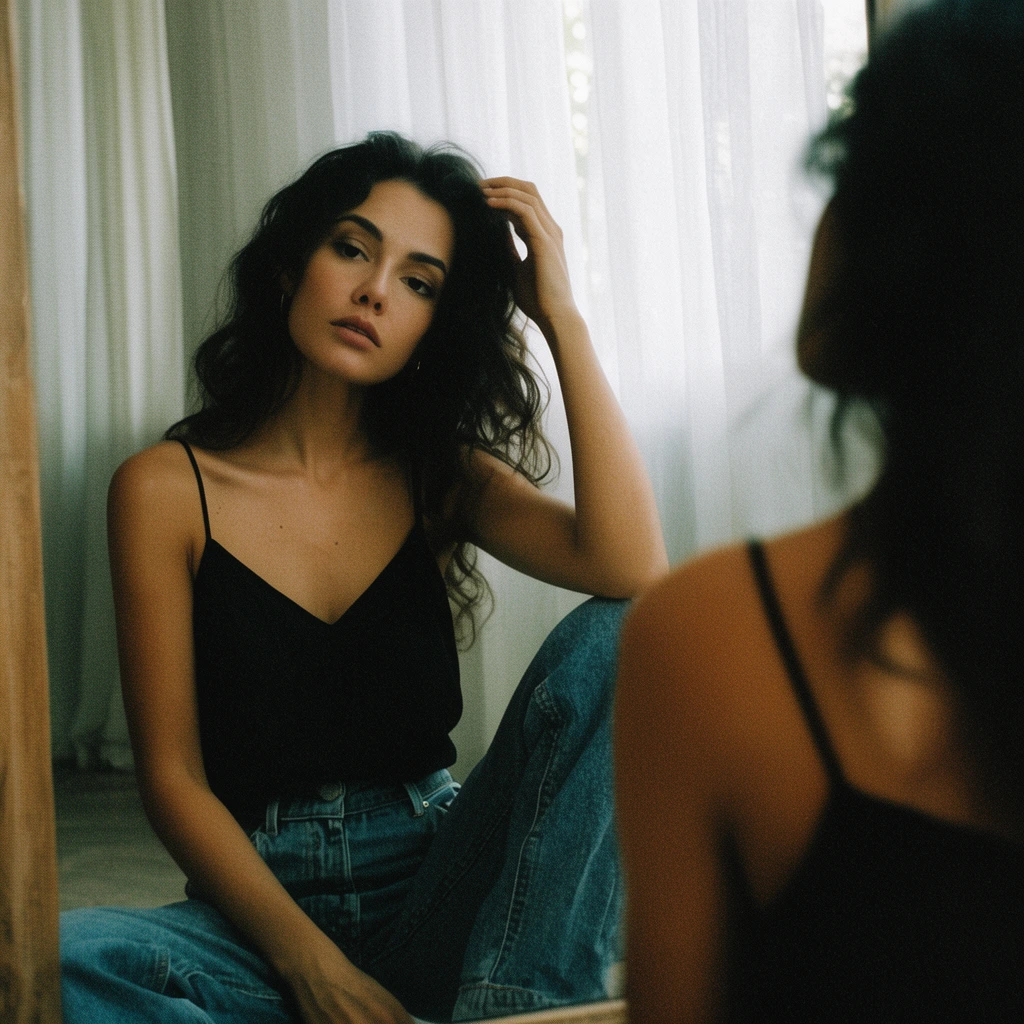 A sharp mirror reflection shows a woman in a black camisole and jeans sitting on the floor, touching her dark wavy hair. Her out-of-focus back dominates the right foreground. Soft natural light and sheer curtains create a moody, grainy film aesthetic.