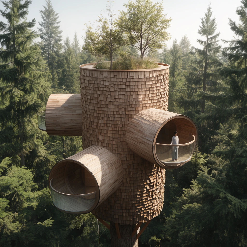 A cylindrical treehouse clad in textured wood shingles rises amidst a dense evergreen forest. Tubular pods with circular glass balconies extend outward from the central core, one framing a standing figure. Small trees grow on the flat roof under bright sunlight in this photorealistic architectural rendering from an elevated perspective.