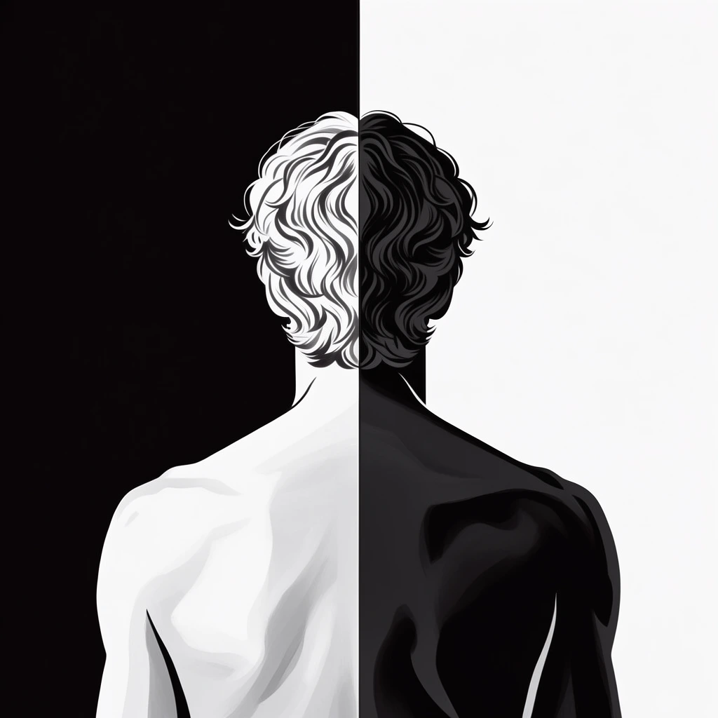 A striking, vertically split, high-contrast black-and-white graphic composition depicting the back of a man with wavy hair and bare shoulders. The artwork is divided perfectly down the exact vertical center line into two distinct, tonally inverted halves. The left half features a pitch-black background against which the left side of the man's head, textured wavy hair, and bare shoulder is rendered in bright white with subtle grayscale shading to indicate anatomical depth and volume. The right half features a stark white background against which the right side of the man's hair and bare shoulder is rendered in deep black with dark, subtle gradients defining the curves and natural contours. The central dividing line creates a razor-sharp, hard-edge transition directly through the figure, seamlessly flipping the light and dark tones. The visual execution represents a minimalist, surreal graphic illustration combining crisp silhouettes and clean edges with a highly stylized, perfectly symmetrical monochromatic aesthetic.