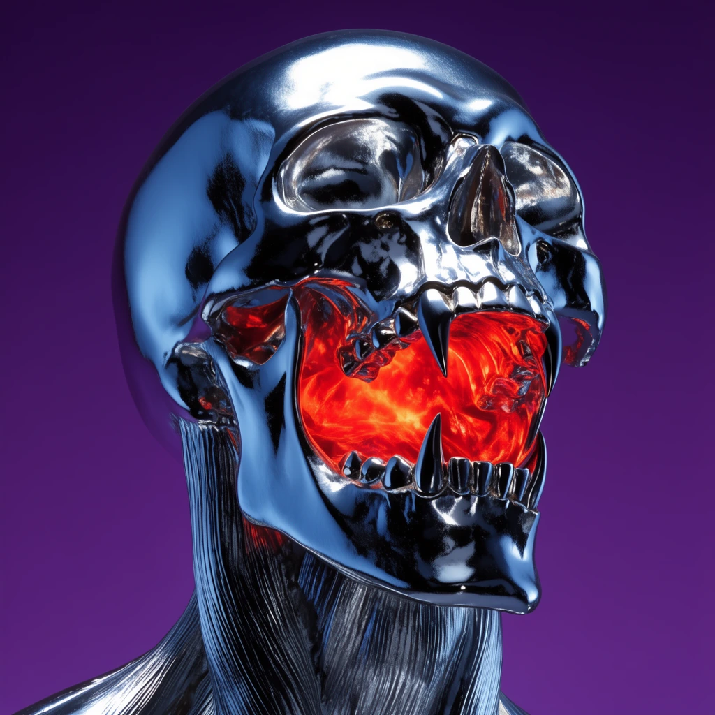 A highly reflective chrome skull screaming with sharp fangs against a solid purple background. Intense fiery red light glows from within the open mouth, contrasting with cool blue studio reflections on the smooth metallic cranium and striated neck muscles.