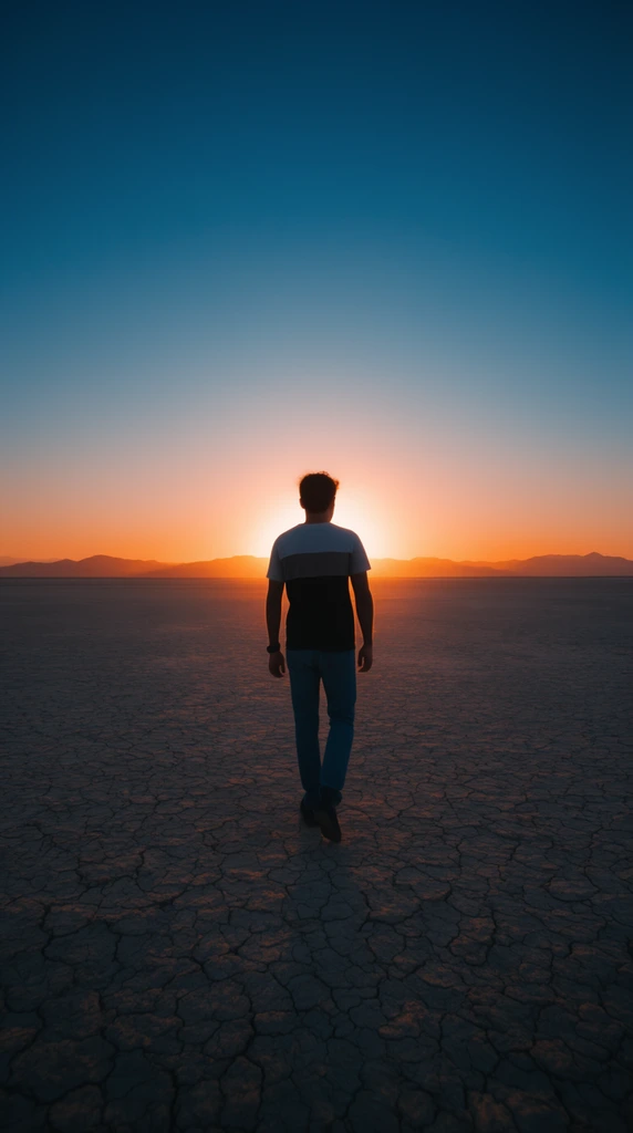 A solitary figure viewed from behind walks across a vast, cracked dry lake bed toward a glowing sunset. The person wears a two-toned t-shirt and blue jeans, appearing in partial silhouette against the bright central light. Deep fissures texture the arid ground, extending to a flat horizon lined with distant mountain silhouettes. The sky displays a smooth, striking gradient, transitioning from a vibrant orange horizon to a deep, clear blue above.