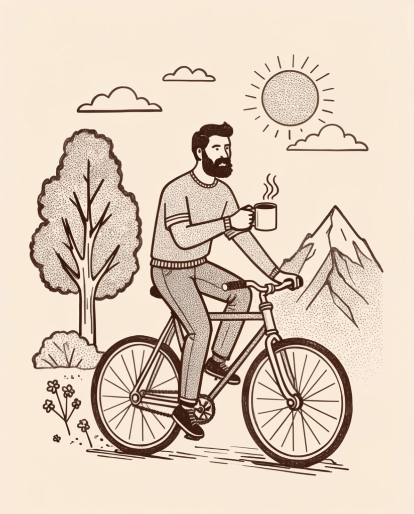 A monochromatic vintage line art illustration of a bearded man riding a bicycle while holding a steaming mug. The stylized outdoor scene features a tree, clouds, sun, and jagged mountain, rendered in dark brown ink with stippled halftone shading on a pale cream background.