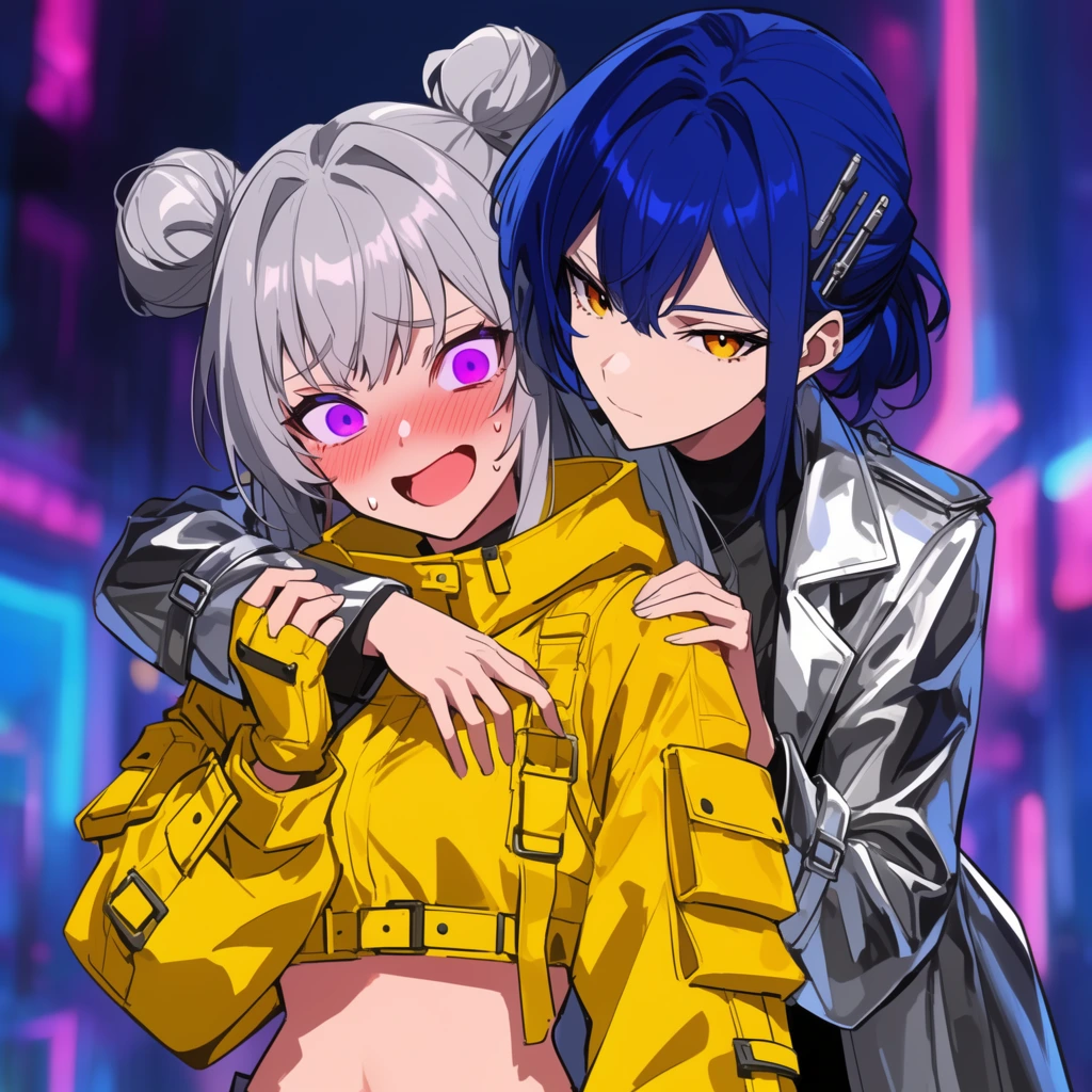 Two young women interact in a vibrant anime illustration with crisp cel-shading and a neon-lit background. The front woman, sporting silver hair in twin buns and glowing purple eyes, wears a bright yellow tactical cropped jacket. She displays a flustered expression with a wide, nervous smile and heavy blush. A second woman gently embraces her from behind over the shoulder. This companion features deep blue hair secured by a metallic hairpin, sharp amber eyes, and a sleek chrome trench coat. Her calm, confident demeanor sharply contrasts with the animated panic of the silver-haired woman.