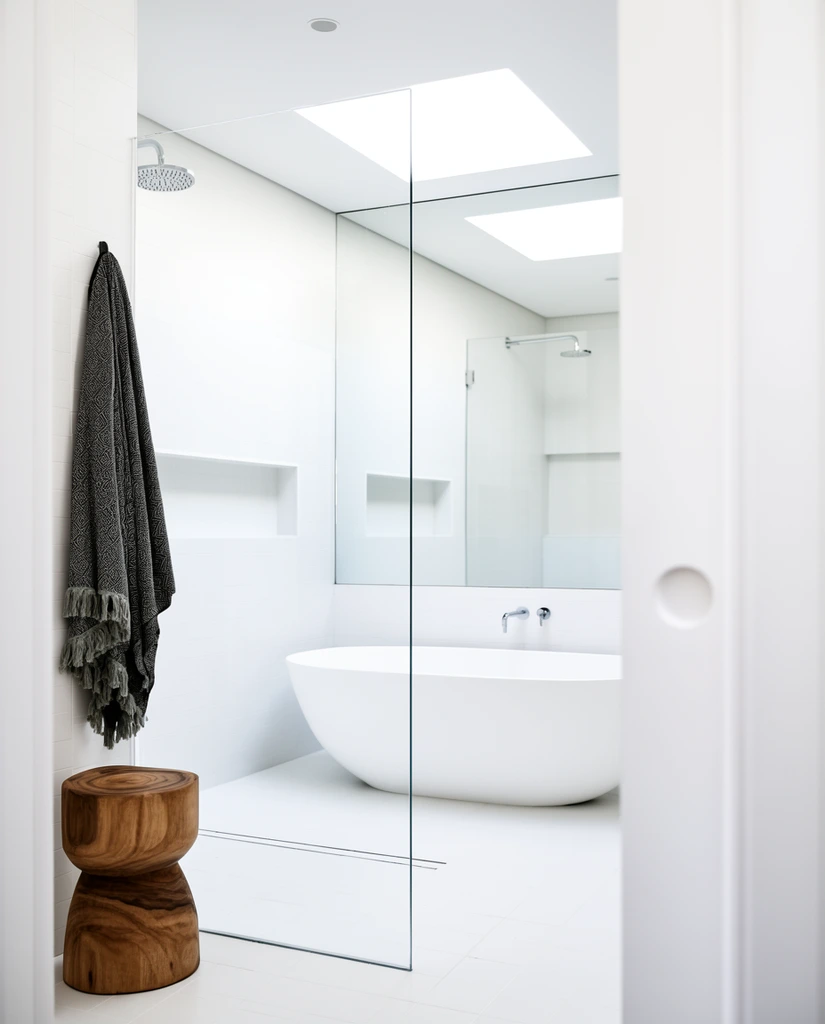 modern minimalist white bathroom interior, viewed through a partially open doorway, smooth oval freestanding white bathtub, floor-to-ceiling frameless glass shower panel, chrome rain shower head, large wall mirror reflecting the space, square skylight, bright natural lighting, carved solid wood barrel stool in left foreground, hanging patterned dark grey fringed towel, blurred white door with round handle in right foreground, architectural photography, high key lighting