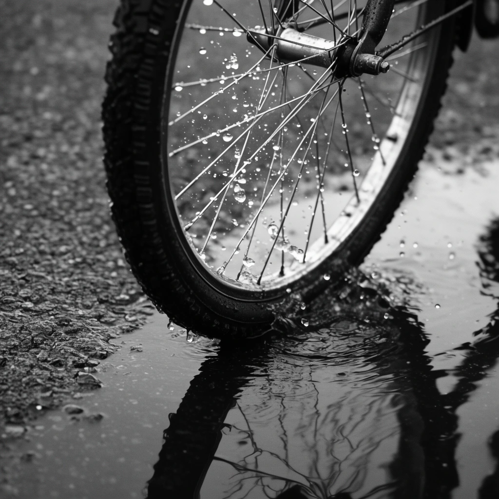 bicycle front wheel in a puddle, black and white photography, frozen water droplets splashing around wire spokes, rough asphalt, dark water reflection, shallow depth of field, sharp tire tread, high contrast