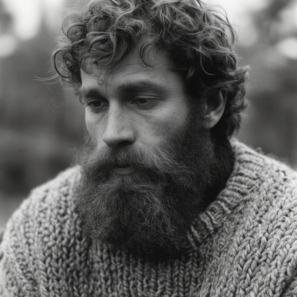 close-up portrait of a rugged man with a thick bushy beard and messy curly hair, calm contemplative expression looking slightly downward, heavy chunky knit wool fisherman sweater, cinematic black and white photography, soft out-of-focus background with natural bokeh, 35mm film aesthetic, high contrast
