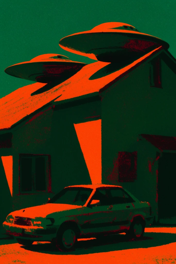Two flying saucers rest on the pitched roof of a house above a parked car, rendered in a stark, high-contrast graphic illustration style. The disc-shaped spacecraft sit heavily on the angled roofline, while the car is positioned on the ground directly below. An extreme, directional light source bathes the scene in vibrant fluorescent orange highlights, leaving the opposing sides of the saucers, house, and car plunged into deep, heavy emerald green shadows. The intense lighting casts sharp, elongated, geometric silhouettes across the architectural surfaces and the ground. Subtle deep crimson red accents add textured details to the structures. A rough, stippled noise texture permeates the entire composition, breaking up the flat, bold color blocking with a retro, screen-printed aesthetic. The interplay of the vivid orange and deep green creates a stylized, duotone-like atmosphere dominated by sharp angles and starkly defined lighting boundaries.