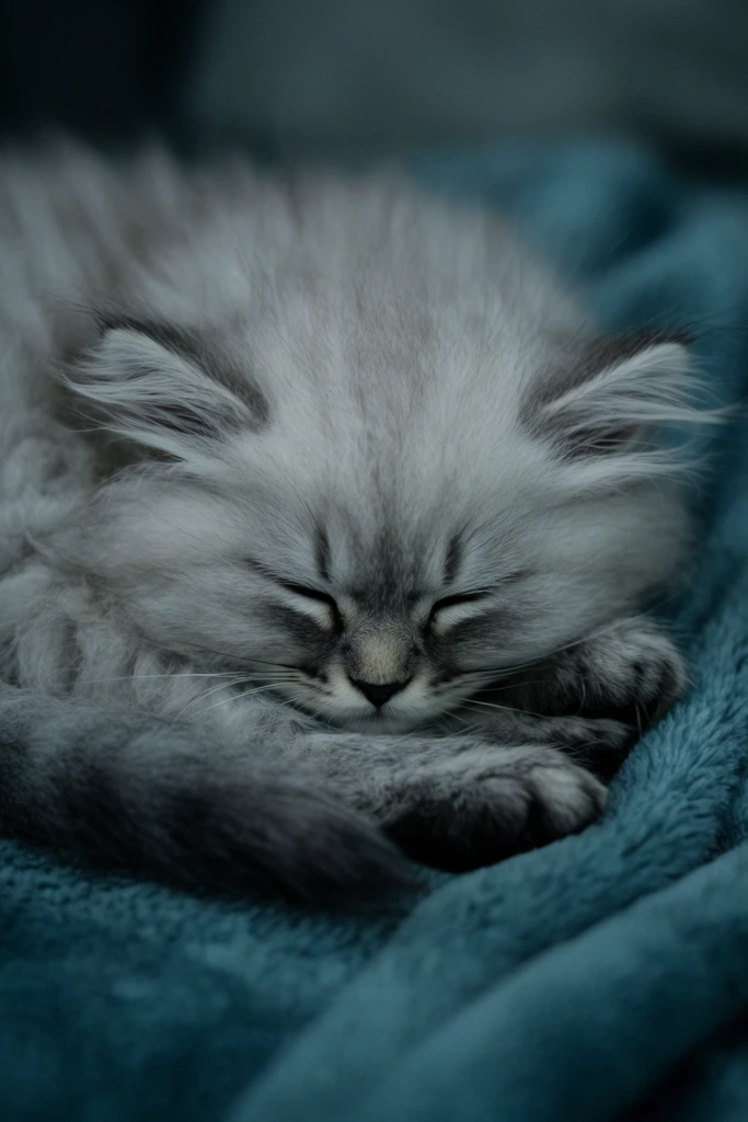 A fluffy light grey kitten sleeps curled tightly on a plush teal blanket. The resting animal features voluminous silvery fur with darker charcoal shading across its face, ears, and the tucked paws resting near its chin. Its eyes are closed above a tiny dark nose and fine white whiskers. The close-up macro photograph uses a shallow depth of field, blurring the background to emphasize sharp facial details. Soft, diffused ambient lighting creates a moody atmosphere dominated by cool desaturated blues and silvery greys.