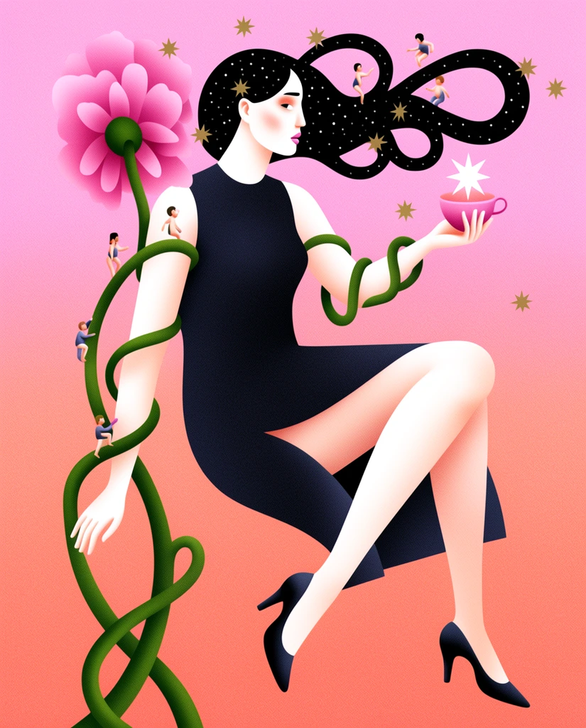 A surreal illustration portrays a pale woman with star-studded black hair floating against a pink-to-coral gradient. Wearing a dark slit dress and black heels, she holds a pink flower cup containing a glowing star. Thick green vines wrap around her arm and leg. Tiny humanoid figures climb on the flower stem, her face, and her hair loops. The artwork features a distinct stippled noise texture, combining flat vector shapes with soft volumetric shading and scattered gold stars.