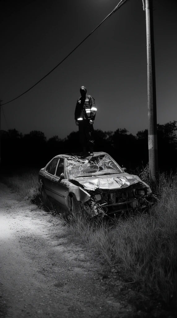 A stark black and white photograph captures a solitary figure standing atop a severely damaged car at night. The person, dressed in dark clothing with reflective accents, stands upright on the crumpled roof of the vehicle. The car, an older sedan with its front end smashed and headlights missing, rests in tall grass next to a utility pole on the right side of a rural, unpaved road. An overhead wire stretches diagonally across the upper portion of the frame. A strong, singular light source illuminates the scene from the left, casting deep shadows into the background where a dark silhouette of trees meets a dark, cloudless sky. The contrast is high, emphasizing the desolate and eerie atmosphere of the nocturnal roadside setting.