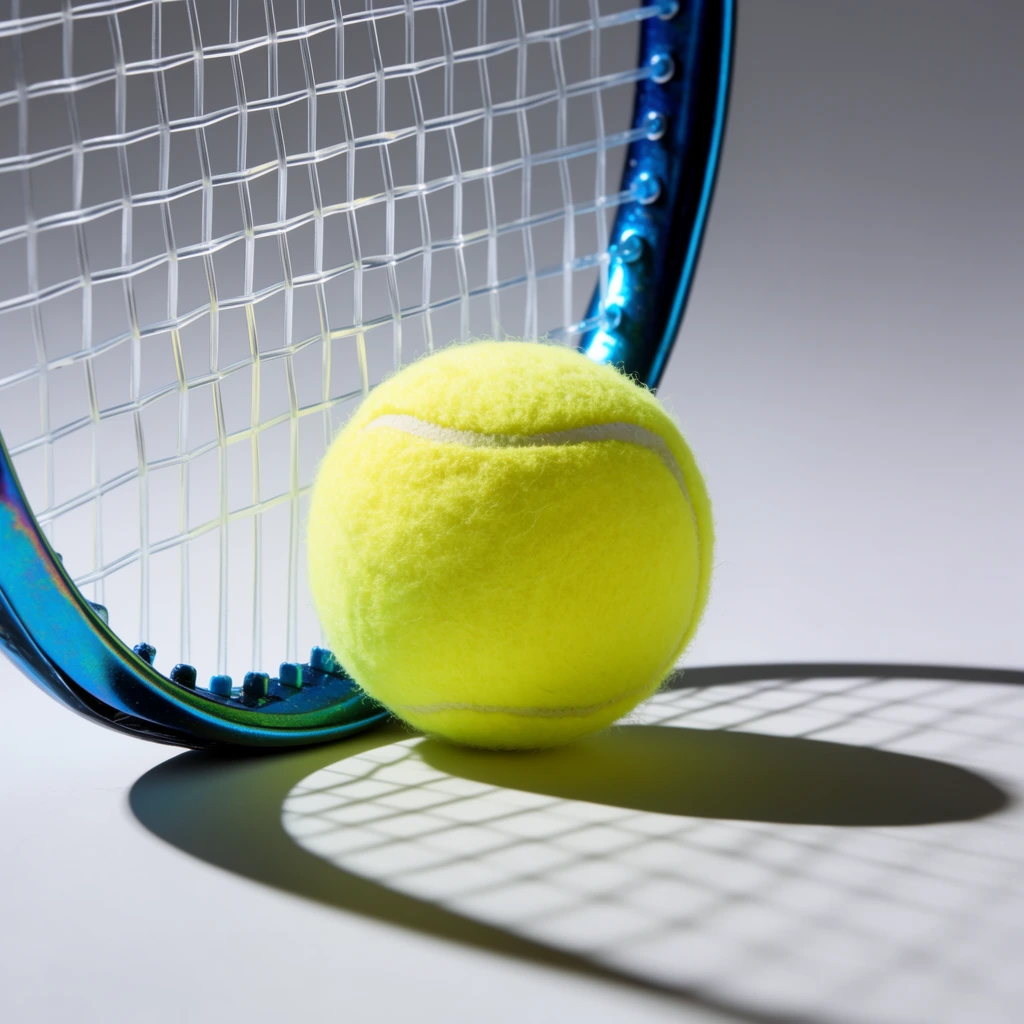 vibrant optic yellow tennis ball resting against the lower edge of a metallic iridescent blue tennis racket, clear taut strings, stark light grey studio background, hard directional lighting casting crisp geometric shadows of the racket's string grid and frame onto the smooth surface, distinct elongated ball shadow, minimalist product photography, high contrast, sharp focus, fuzzy texture of the ball contrasting with the glossy racket frame