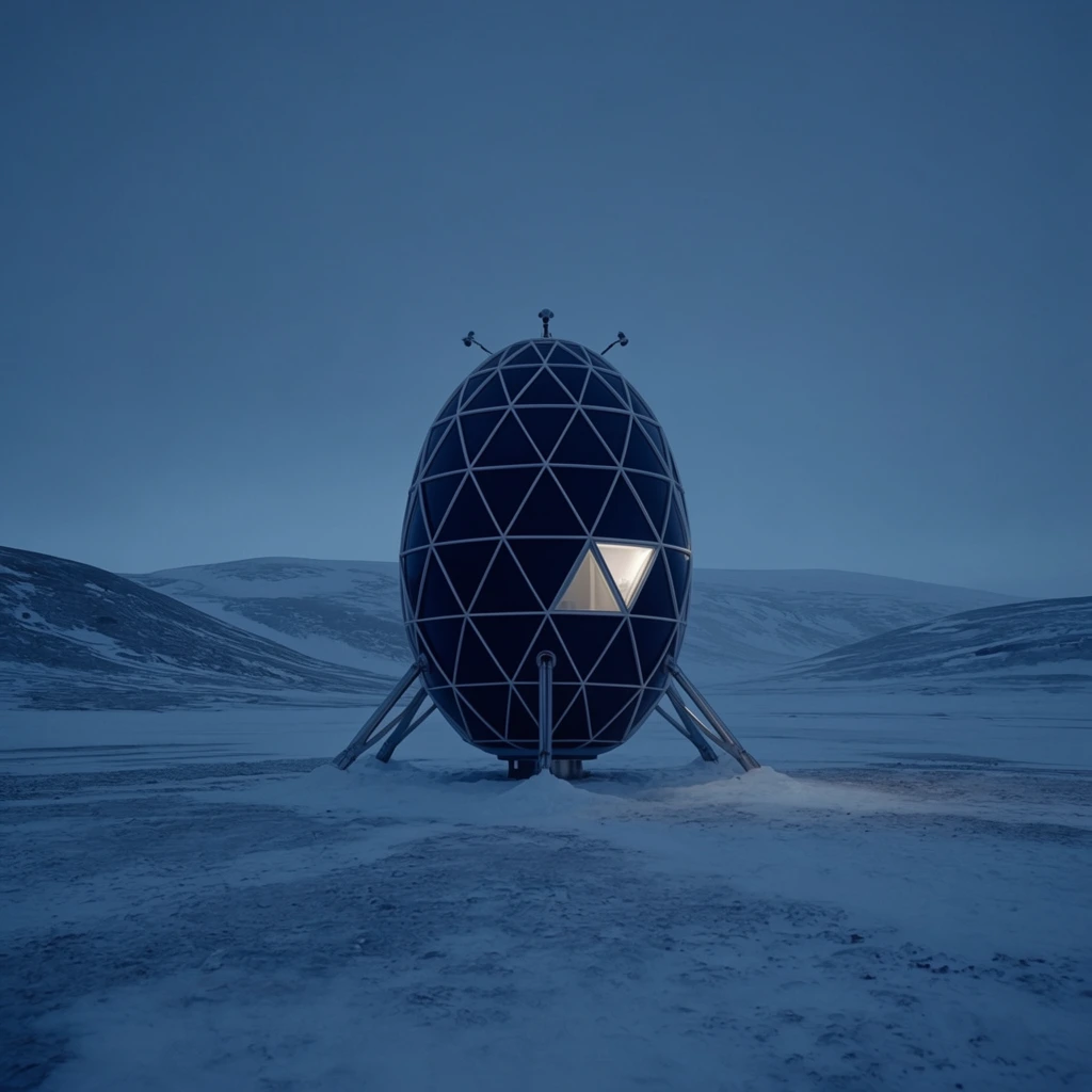 A futuristic, egg-shaped geodesic pod stands isolated in a snow-covered arctic landscape beneath a monochromatic twilight sky. The dark oval structure features a white geometric lattice and angled metallic support struts anchored into the icy terrain. A single illuminated triangular window emanates a warm glow, contrasting sharply with the freezing blue exterior. Small sensors protrude from the apex. Rolling snow-dusted hills stretch toward the barren horizon. The wide-angle, center-framed composition emphasizes sci-fi minimalism, utilizing a cinematic palette of deep melancholic blues and cool greys to highlight this solitary beacon.