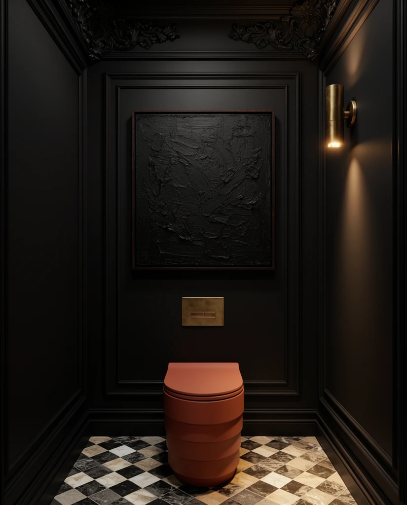A moody architectural interior centered on a distinctive terracotta-colored toilet with a stepped, cylindrical shape and flat lid. The fixture contrasts against matte black walls detailed with classic rectangular paneling and ornate baroque crown molding. Above the toilet rests a brass flush plate and a square, heavily textured black impasto painting in a thin dark frame. A brass cylindrical wall sconce on the right casts a warm spotlight across the canvas. The floor features a geometric checkerboard pattern of dark and light marble tiles. Captured with a balanced frontal perspective, the low-key lighting emphasizes rich materiality, deep shadows, and an opulent, minimalist aesthetic.