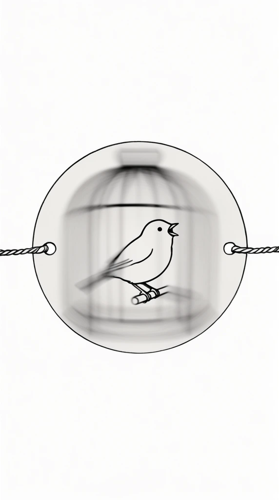 A minimalist line drawing depicts a spinning thaumatrope optical illusion of a bird superimposed inside a cage. Centered on a stark white background, a blurry, semi-transparent grey circle conveys rapid rotational motion. Inside this disc, a crisp black outline shows a small singing bird perched on a stick, visually merged with faint, blurred vertical lines forming a domed birdcage. Extending horizontally from small loop holes on the left and right edges of the central disc are two tightly twisted strings drawn in precise black ink. The composition contrasts sharp, solid strokes against smooth radial motion blur, capturing the kinetic energy of an antique toy in a clean illustrative style.