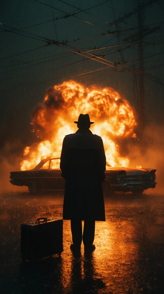 Silhouetted man in fedora and trench coat facing massive car explosion, suitcase on wet pavement, heavy rain, overhead wires, intense orange firelight, dark cinematic noir