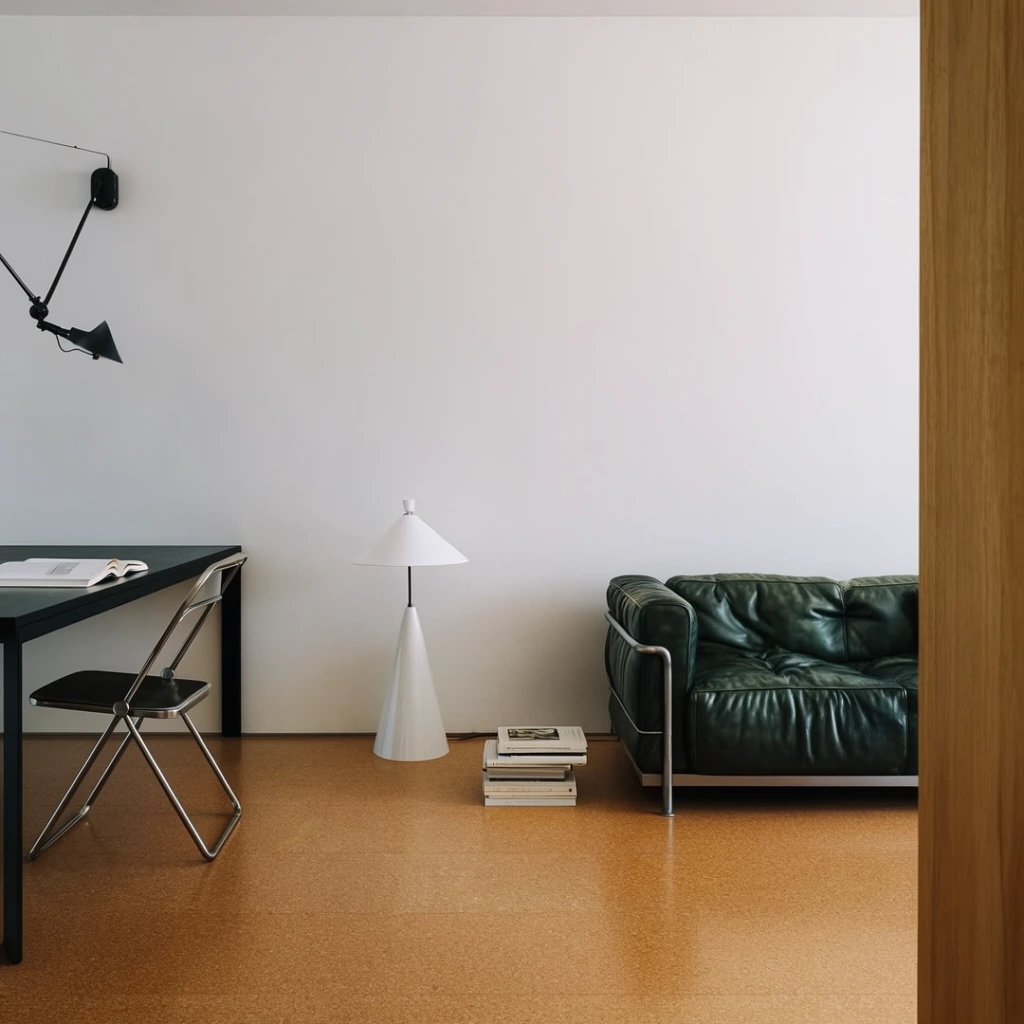 A minimalist interior pairs sparse dark furniture against expansive white walls and warm cork flooring. A dark green tufted leather sofa with a tubular metal frame sits low on the right. A white conical floor lamp and a short stack of books rest centrally on the floor. On the left, a black table holds an open book beside a metal folding chair. A black articulated wall lamp extends over the desk. Captured with soft architectural lighting, the wide composition features deep negative space in the upper half and is framed by a vertical wooden edge in the right foreground.