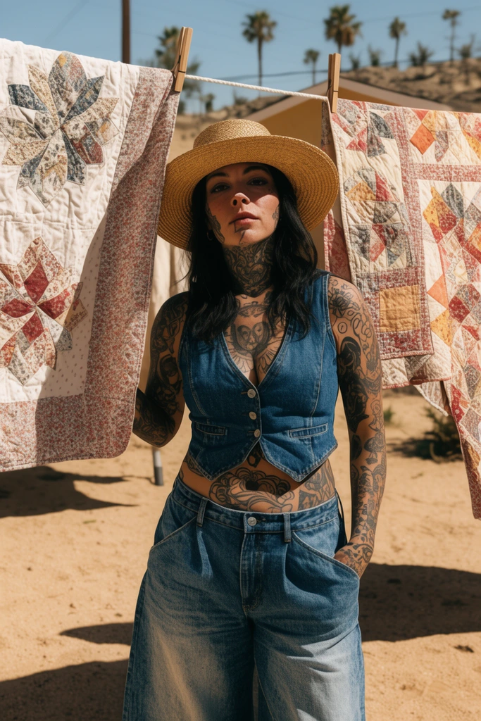 A heavily tattooed woman in a denim vest and straw hat stands behind a clothesline in a sandy desert yard. She is partially hidden by hanging patterned quilts under harsh sunlight and deep shadows.