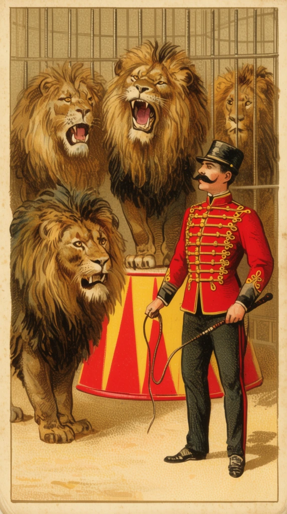 mustachioed lion tamer in red military tunic with gold frogging holding a whip, four large male lions with thick manes inside an iron cage, two lions roaring, red and yellow striped pedestal, vintage chromolithograph illustration, warm sepia tones, aged paper texture