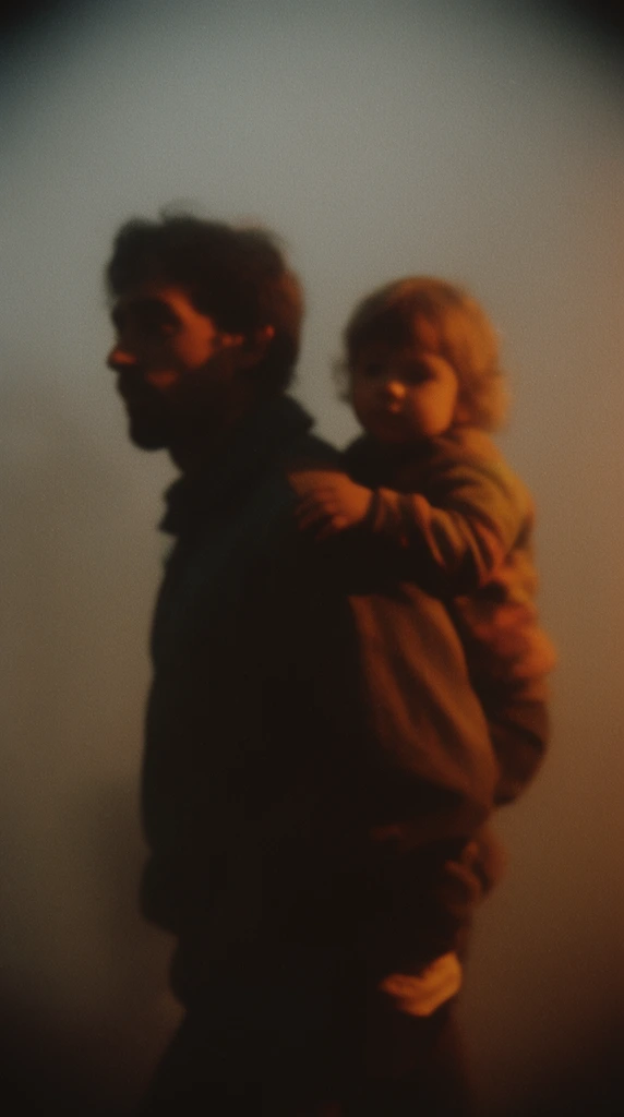 A man carrying a child on his back walks through thick volumetric fog. Warm amber illumination casts heavy shadows across their figures against a muted, cool grey background. The cinematic composition features low-key lighting and a shallow depth of field, rendering the edges in soft focus. The visual aesthetic mimics vintage analog film photography, characterized by heavy film grain, deep contrast, slight vignetting, and a hazy, moody tone.