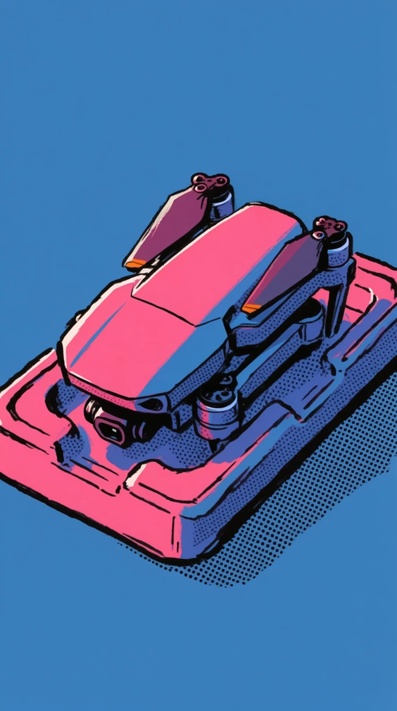 A single folded drone with its arms tucked in, resting on a molded tray, illustrated in a vibrant retro pop-art comic style. Thick, expressive, slightly jittery black ink outlines define the mechanical edges and contours of the drone and the structural lines of the tray. The color palette is a high-contrast duotone dominated by hot pink and azure blue. Strong directional lighting from the top left washes the illuminated surfaces of the drone and tray in bright magenta, while the shaded right-facing facets drop into deep blue. Textural shading is achieved through prominent black halftone dot patterns, visible across the darker contours of the drone's casing and the recessed areas of the molded tray. A sharp, heavy diagonal cast shadow extends down and to the right, filled with a dense grid of black halftone dots. The entire composition is set against a completely flat, untextured, solid azure blue background, emphasizing the graphic, hand-drawn aesthetic of the linework and shading.