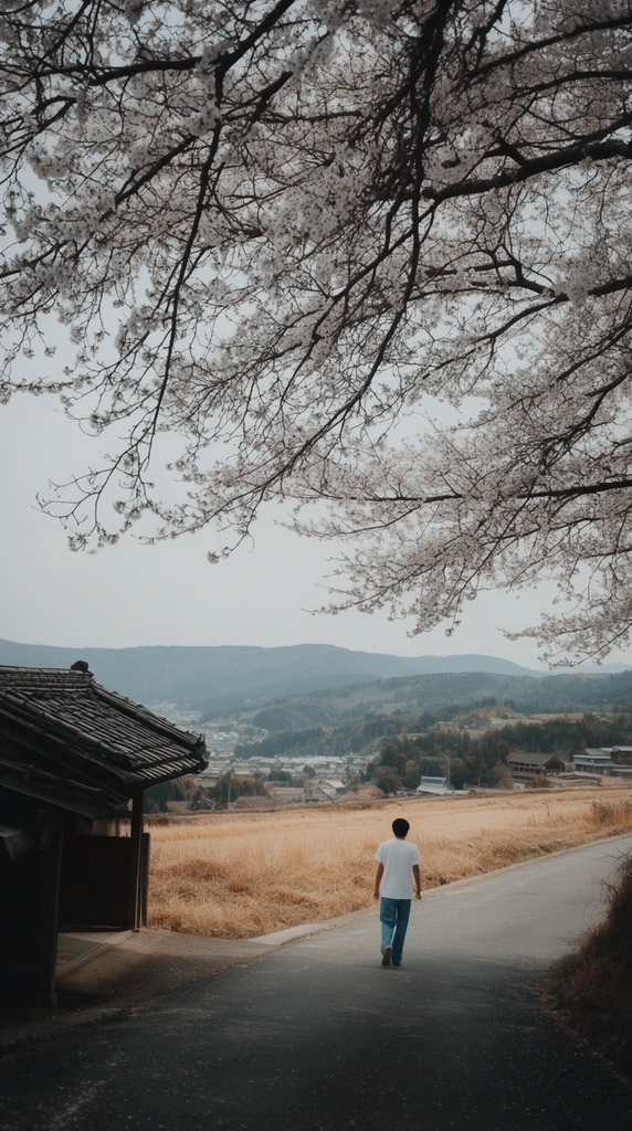 Rural landscape framed by overhanging cherry blossom branches, dark intricate silhouettes, pale blossoms, sloped paved road, solitary figure walking away in white t-shirt and blue jeans, traditional wooden roofed structure, dry golden field, distant village in a valley, rolling hills, pale overcast sky, cinematic landscape photography, deep depth of field, desaturated color palette, soft natural lighting