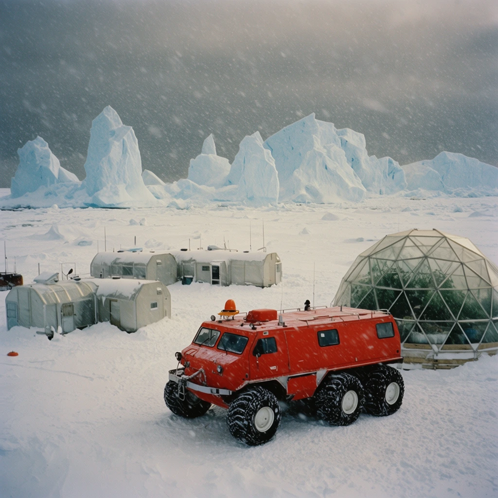 red multi-wheeled arctic rover, geodesic dome greenhouse, snow-covered modular research buildings, frozen tundra, towering jagged icebergs, heavy blizzard, gloomy overcast sky, 35mm film still