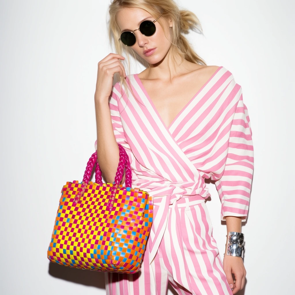 A blonde woman in a pink and white vertically striped wrap top and matching trousers poses against a stark white wall. Direct flash lighting casts a sharp shadow behind her, creating a high-fashion editorial look. She wears round dark sunglasses and holds a woven checkerboard handbag featuring bright yellow, orange, blue, and fuchsia squares with thick braided handles. A chunky silver cuff accents her left wrist. Her loosely tied hair and neutral expression emphasize the bold color contrasts and relaxed posture against the minimalist bright background.