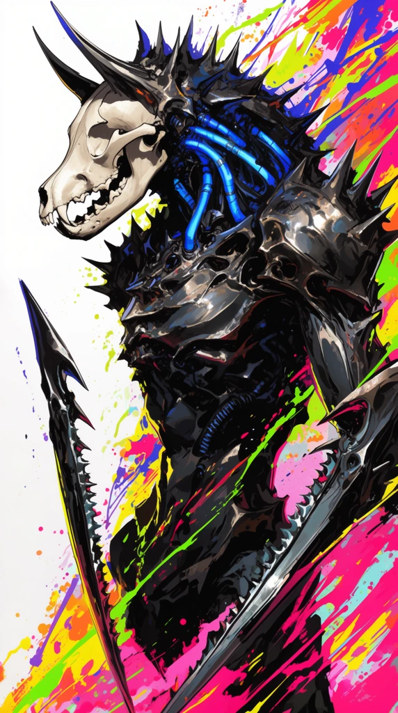 biomechanical demon, metallic wolf skull, serrated blade arms, spiked dark armor, glowing blue neck cables, white background, chaotic neon paint splatters, dynamic graphic manga style