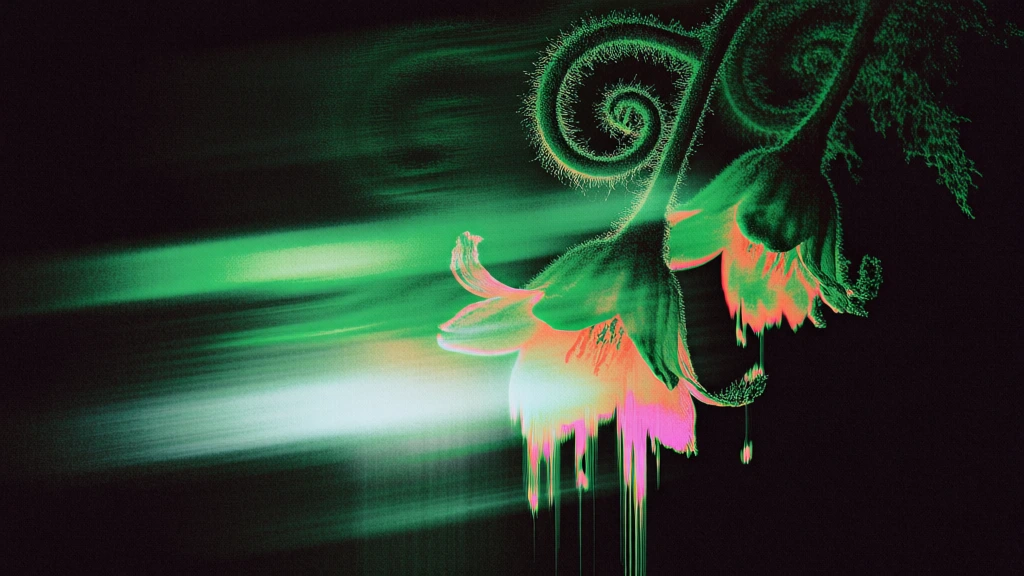 three delicate flowers hanging from stems that loop into tight spirals, vibrant neon green and acid pink duotone palette, deep ink-black background, dramatic high-contrast lighting, digital glitch aesthetic, horizontal motion blur smearing into light trails, melting and dripping liquid textures, heavy cinematic film grain, grainy analog noise, surreal vaporwave atmosphere, ethereal glowing accents, experimental distortion, macro photography style, abstract botanical composition.