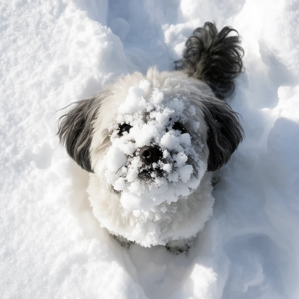 A fluffy dog sits chest-deep in bright powdery snow, facing upward toward the camera. Its face is heavily caked with thick clumps of fresh snow, leaving only a small black nose clearly visible. Dark grey fur covers its floppy ears and curled tail. The close-up high-angle shot captures the sunlit, purely white terrain marked by deep, shadow-filled depressions surrounding the dog.