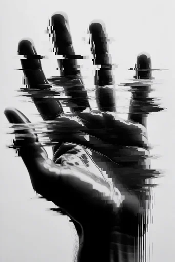 Monochrome Glitch Noir style reference image — high-contrast black and white